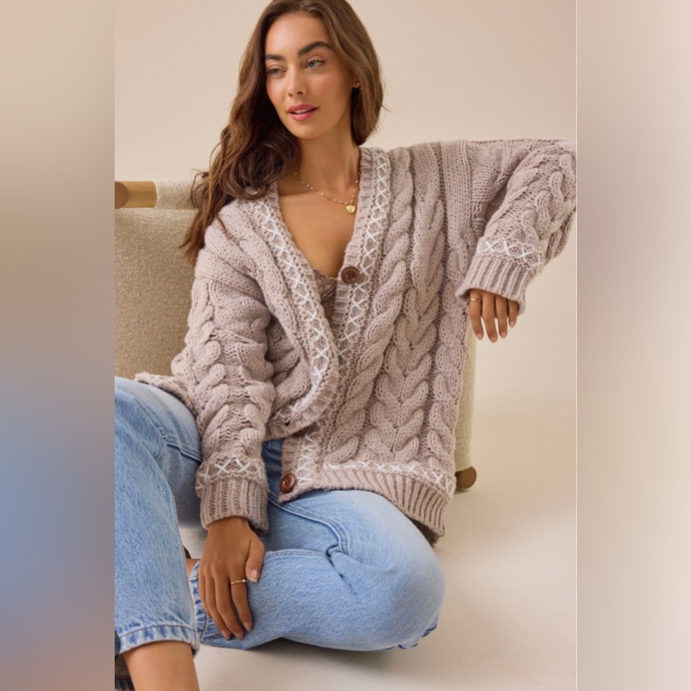 Altar'd State Chunky Knit Cardigan in Soft Beige - Picture 2 of 8